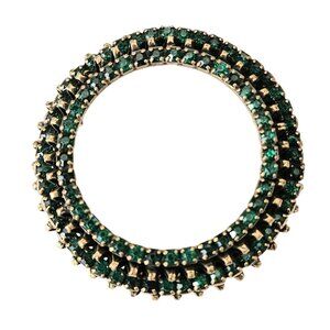 Green Rhinestone Gold Tone Open Tiered Brooch Filigree Style Pin C947